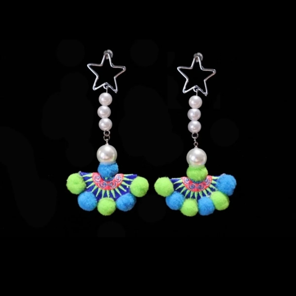 Green and blue Hmong pompom earring